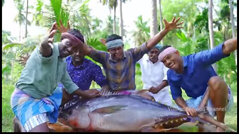 200 Pounds BIG TUNA FISH | Tuna Fish Cutting and Cooking in Village | Tuna Fish Steak Recipe