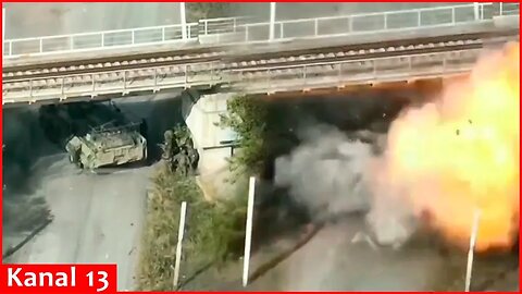 Ukrainian tank destroyed Russians hiding with military equipment under bridge along with the bridge