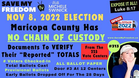 #313 ARIZONA ELECTION CRIMES! Maricopa County Has NO CHAIN OF CUSTODY Documents From The 223 Vote Centers To Verify Their Voter & Ballot TOTALS For The Nov 8, 2022 Election...THE PEOPLE Are Filing LAWSUITS To STOP The Fraud! JOIN & SUPPORT US!