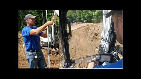 Laser leveling pond overflow pipes, My biggest pond ever Bobcat e42 mini r series mini ex PART 3