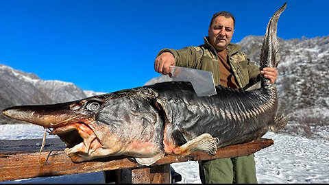 A Giant Sturgeon Roasted Under A Barrel In A Bonfire! Dinner In A Snowy Village