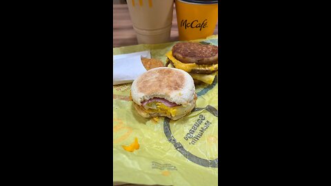 Breakfast at McDonald’s :Sausage McGriddle, Ham and cheese english Mcmuffin hasbrown ice coffee