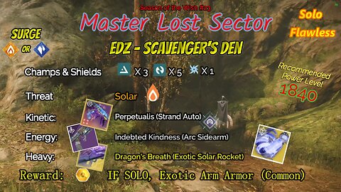 Destiny 2 Master Lost Sector: EDZ - Scavenger's Den on my Solar Titan Solo-Flawless 12-28-23