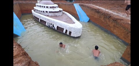 Dig to build Three story boat villa house water slide swiming pool