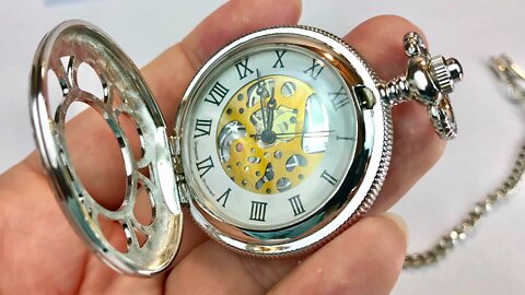 Magic Roman Half Hunter Sliver Steel Hollow Skeleton Quartz Pocket Watch review and giveaway