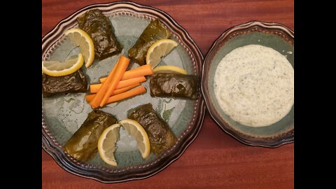 Fresh grape leaves Dolmas with celery-ginger tzajiki