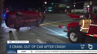 Three people crawled out of their flipped car after it crashed in Chula Vista.