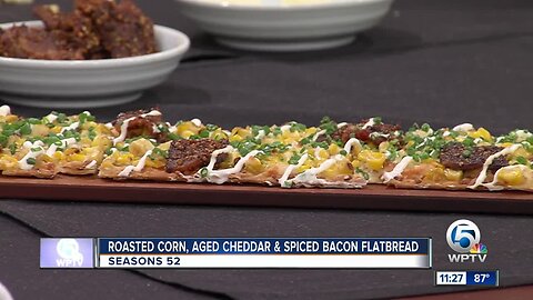 Recipe for roasted corn, aged cheddar and spiced bacon flatbread from Seasons 52