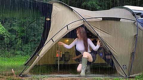 Relaxing deep sleep ASMR Real heavy rain Solo camping soaked in rainstorm