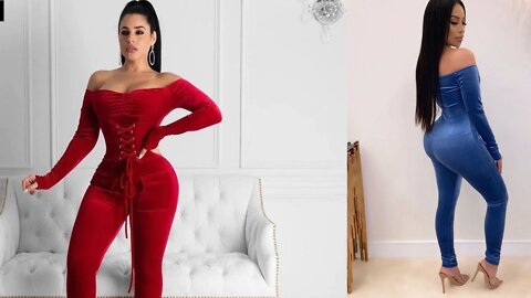 Off Shoulder Velvet Jumpsuit Women Long Sleeve Romper Bodycon Lace Up Sexy Ski