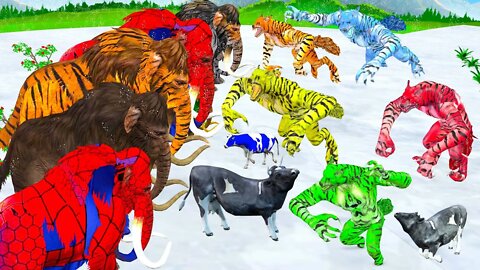 10 Zombie Mammoths Vs 10 Zombie Wolf Tiger Fight on Snow | Mammoths Save Cowcartoon from Wolf Attack