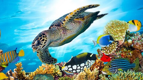 Beautiful relaxing music, underwater tropical fish, coral reef and sea turtles