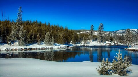 Winter stream in the rocks. Snow. Noise of water. Stream sounds.