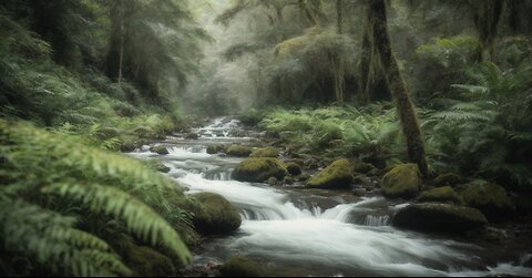 Flowing stream in the rainforest with piano music