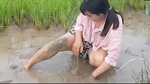 Amazing Fishing Catching Fish in Muddy with a village girl