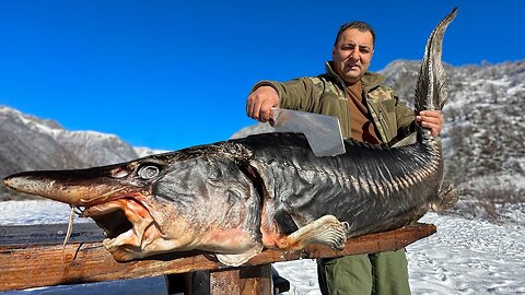 A Giant Sturgeon Roasted Under A Barrel In A Bonfire! Dinner In A Snowy Village