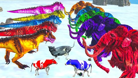 10 Zombie Dinosaurs vs CowCartoon Rescue Saved By Woolly Mammoth Elephant on snow Giant Animal fight