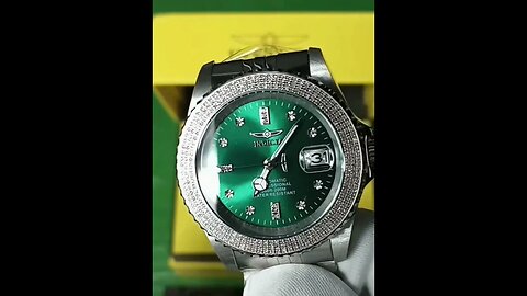 automatic diamond watch with exhibition case & stainless steel adjustable bracelet green dial