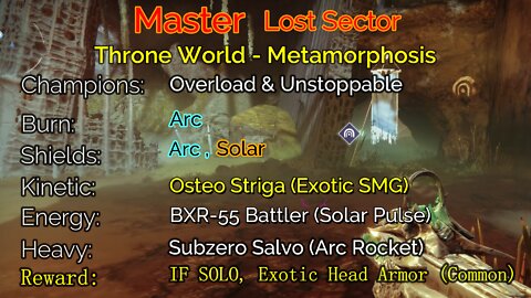 Destiny 2 Master Lost Sector: Throne World - Metamorphosis 5-18-22