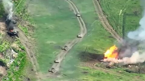 A group of Russian vehicles coming towards the frontline shot down by Ukraine artillery