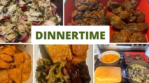 DinnerTime: Southern Cabbage with Turkey Smoked Sausages, Barbecue Ribs, Candied Yams and Cornbread.