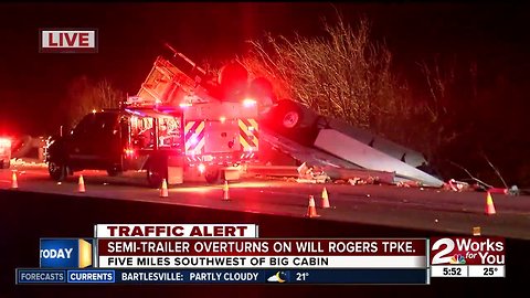 Semi-trailer overturns on Will Rogers Turnpike