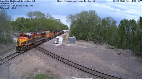 KCS Leading WB CN L571 Manifest, BNSF & CN SD60 at Cedar Falls Junction & Mills Tower on 5-13-22