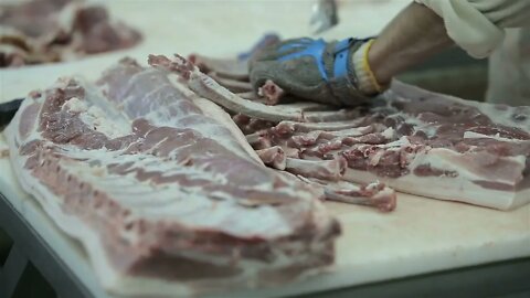 Butcher Cutting Pork Meat in Meat Factory. Fresh raw pork chops in meat factory. Meat processing in