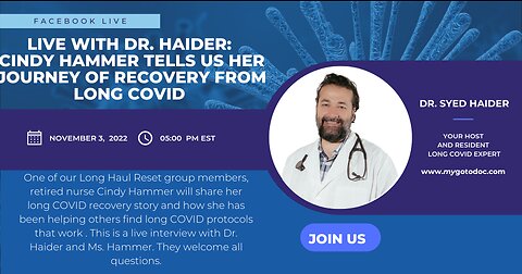 Dr. Haider interviews Cindy Hammer: watch her journey of recovery from long covid: from asymptomatic infection to severe pain and finally healing