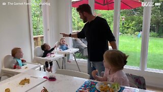 Dad makes kids burst out laughing during mealtime