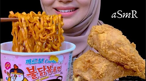 ASMR | Carbonara Fire Noodles + Fried Chicken | Eating Sounds | No Talking