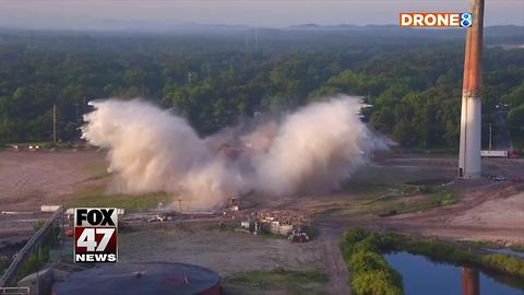 Smokestack demolished at former Michigan paper mill site