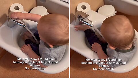 Little baby adores bathing fully clothed in a bidet