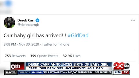 Derek Carr introduces new baby girl!