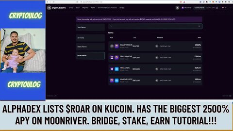 Alphadex Lists $ROAR On Kucoin. Has The Biggest 2500% APY On Moonriver. Bridge, Stake, Earn Tutorial