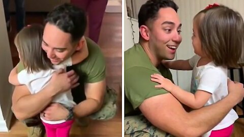 Military father welcomed home by his super sweet daughter