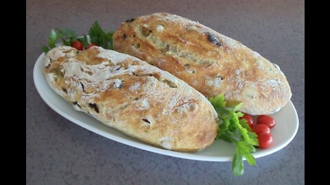 No-Knead Mediterranean Olive Bread (Easy... No Mixer... No Yeast Proofing)