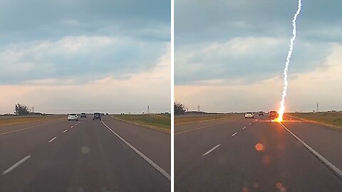 Video shows intense moment lightning nearly strikes car