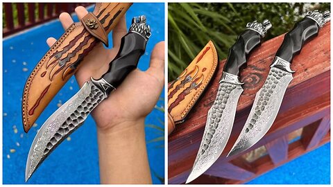 Hunting Damascus Steel Knife With Wolf Head Handle