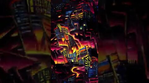 a cityscape at night, with the skyline ablaze in neon and electric light....animation