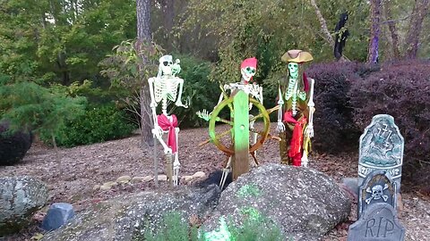 Pirate Skeleton Ship Steering Halloween Prop and Cemetery