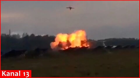 Footage of the moment a Russian military airfield with planes is struck - Strong blast occurs