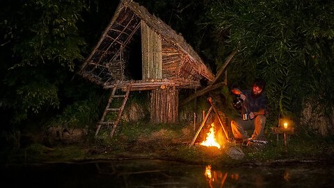 Solo Overnight in Wood shelter | Survival Fishing with Bamboo Rod