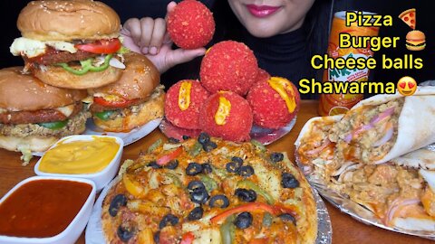 EATING CHEETOS CHEESE BALLS,CHICKEN BURGER,PIZZA & SHAWARMA(FASTFOOD)EATING SHOW *Spiceasmr*