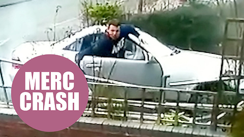 Mercedes driver caught on CCTV smashing convertible into house