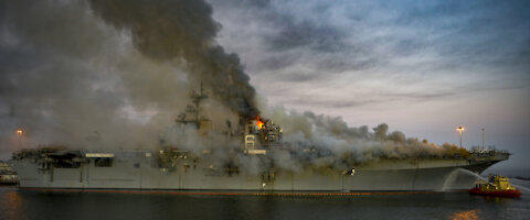 NAVY SHIP BURNS! THE STRANGE CASE OF THE BONHOMME RICHARD