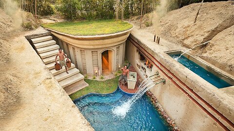 100 Days Building A Modern Underground Hut With A Grass Roof and a Swimming Pool