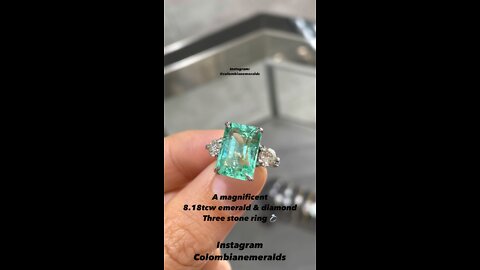 8.18tcw Large Sea Green Colombian emerald rectangle and round three stone engagement ring 18K