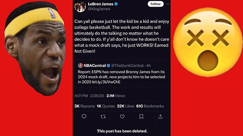 LEBRON DELETES Tweet about BRONNY -Son REMOVED from 2024 Mock Draft @espn #bronnyjames #lebronjames