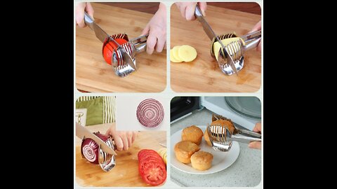 Tomato Slicer Lemon Cutter Multipurpose Handheld Round Fruit Tongs Stainless Steel